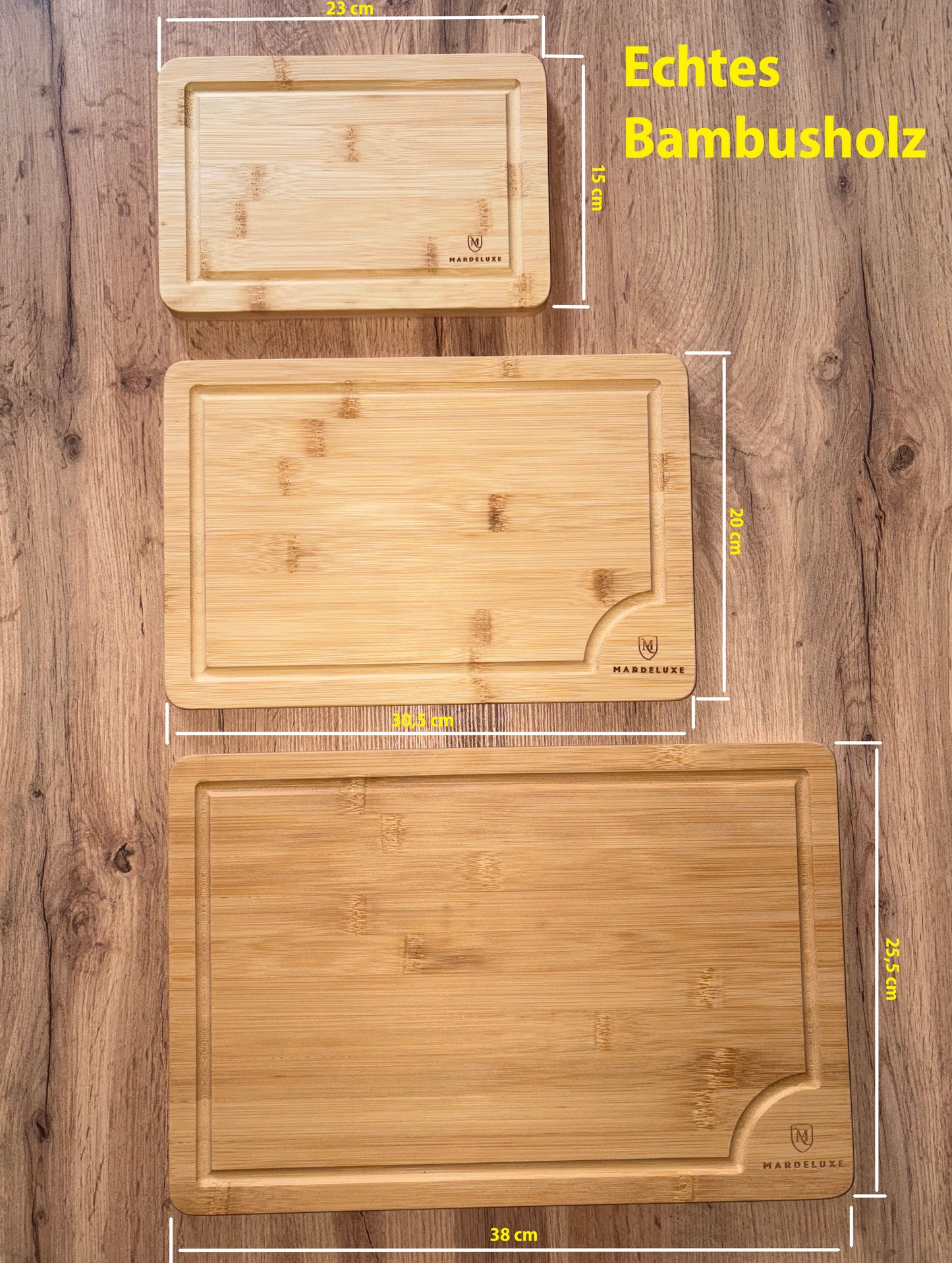 Mardeluxe Bambus Schneidebrett 3er Set , Holz, Wooden Cutting Bord, Holzbrett,  Größen             ( 38x25 / 30x20 / 22x15 )  Perfekte Schneidebretter für Gemüse, Obst, Fleisch , Fisch, Brot usw.